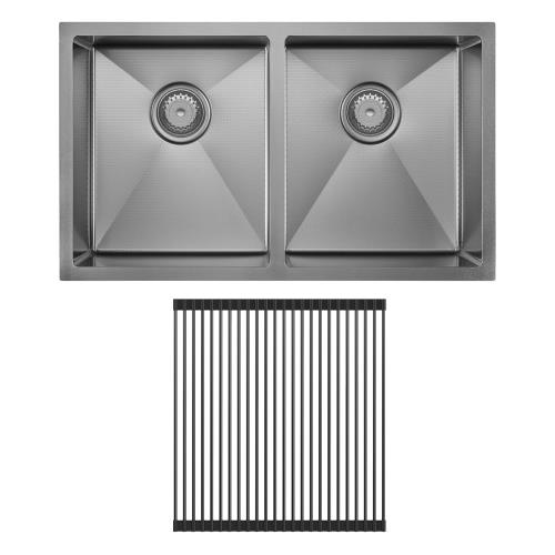 SINKS AND TROUGHS - Hana Anti-Scratch 27L/27l Double Bowl Sink - Gun Metal Grey, Kit (Includes Sink & Roll Up Drainer)