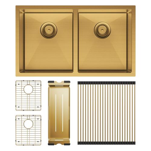 KITCHEN & LAUNDRY - Hana Rugged Brass Double Bowl Sink - Kit (Includes Sink & Roll Up Drainer)