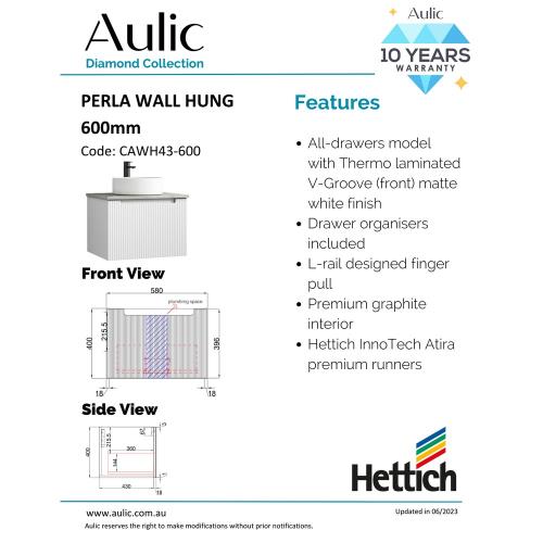 VANITIES - Perla Wall Hung Vanity - 600mm