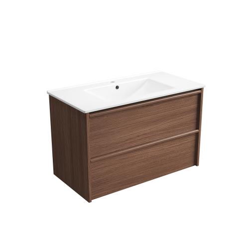 VANITIES - Venetta Framed Wall Hung Vanity - Walnut, 900mm, Ceramic Top